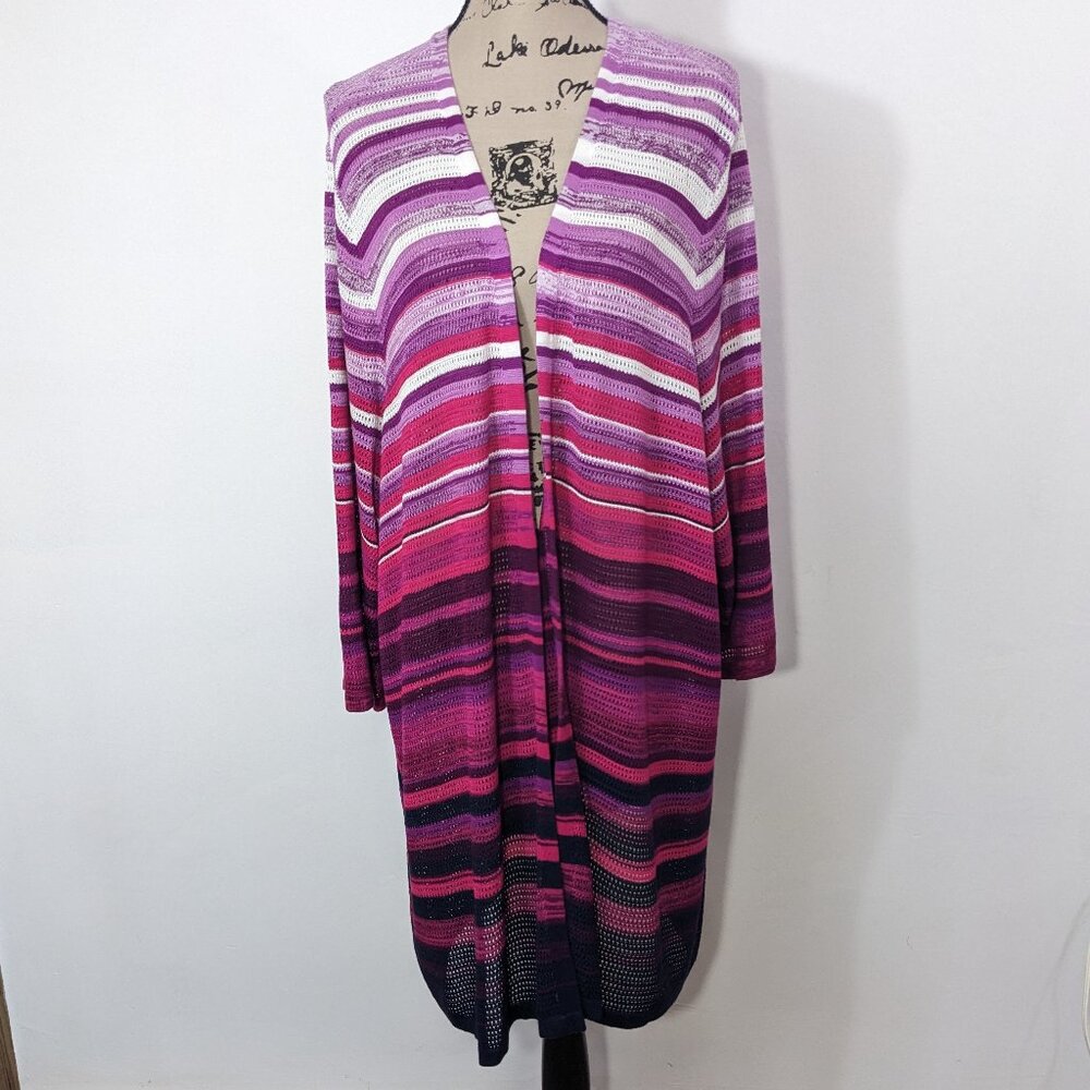 Catherines 4X Cardigan Sweater Purple Pink Stripe Open Front Long Lightweight